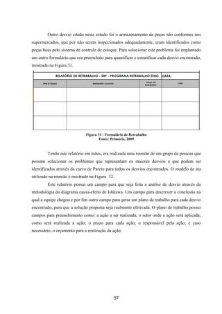 57
Outro desvio citado neste estudo foi o armazenamento de peças não conformes nos
supermercados, que por não serem inspecionados adequadamente, eram identificados como
peças boas pelo sistema de controle de estoque. Para solucionar este problema foi implantado
um outro formulário que era preenchido para quantificar e estratificar cada desvio encontrado,
mostrado na Figura 31.
Figura 31 - Formulário de Retrabalho
Fonte: Primária, 2009
Tendo este relatório em mãos, era realizada uma reunião de um grupo de pessoas que
possam solucionar os problemas que representam os maiores desvios e que podem ser
identificados através da curva de Pareto para todos os desvios encontrados. O modelo de ata
utilizado na reunião é mostrado na Figura 32.
Este relatório possui um campo para que seja feita a análise de desvio através da
metodologia do diagrama causa-efeito de Ishkawa. Um campo para descrever a conclusão na
qual a equipe chegou e por fim outro campo para gerar um plano de trabalho para cada desvio
encontrado, para que a solução proposta seja realmente efetivada. O plano de trabalho possui
campos para preenchimento como: a ação a ser realizada; o setor onde a ação será aplicada;
como será realizada a ação; o prazo para cada ação; o responsável pela ação; e caso
necessário, o orçamento para a realização da ação.
 
