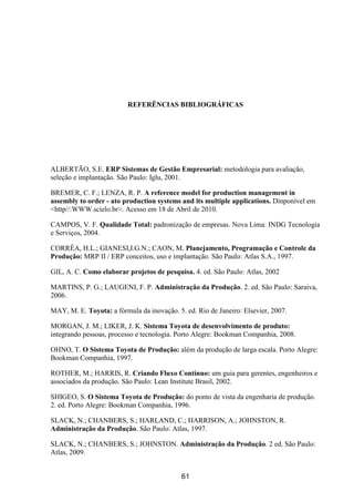 61
REFERÊNCIAS BIBLIOGRÁFICAS
ALBERTÃO, S.E. ERP Sistemas de Gestão Empresarial: metodologia para avaliação,
seleção e implantação. São Paulo: Iglu, 2001.
BREMER, C. F.; LENZA, R. P. A reference model for production management in
assembly to order - ato production systems and its multiple applications. Dinponível em
<http//:WWW.scielo.br>. Acesso em 18 de Abril de 2010.
CAMPOS, V. F. Qualidade Total: padronização de empresas. Nova Lima: INDG Tecnologia
e Serviços, 2004.
CORRÊA, H.L.; GIANESI,I.G.N.; CAON, M. Planejamento, Programação e Controle da
Produção: MRP II / ERP conceitos, uso e implantação. São Paulo: Atlas S.A., 1997.
GIL, A. C. Como elaborar projetos de pesquisa. 4. ed. São Paulo: Atlas, 2002
MARTINS, P. G.; LAUGENI, F. P. Administração da Produção. 2. ed. São Paulo: Saraiva,
2006.
MAY, M. E. Toyota: a fórmula da inovação. 5. ed. Rio de Janeiro: Elsevier, 2007.
MORGAN, J. M.; LIKER, J. K. Sistema Toyota de desenvolvimento de produto:
integrando pessoas, processo e tecnologia. Porto Alegre: Bookman Companhia, 2008.
OHNO, T. O Sistema Toyota de Produção: além da produção de larga escala. Porto Alegre:
Bookman Companhia, 1997.
ROTHER, M.; HARRIS, R. Criando Fluxo Contínuo: um guia para gerentes, engenheiros e
associados da produção. São Paulo: Lean Institute Brasil, 2002.
SHIGEO, S. O Sistema Toyota de Produção: do ponto de vista da engenharia de produção.
2. ed. Porto Alegre: Bookman Companhia, 1996.
SLACK, N.; CHANBERS, S.; HARLAND, C.; HARRISON, A.; JOHNSTON, R.
Administração da Produção. São Paulo: Atlas, 1997.
SLACK, N.; CHANBERS, S.; JOHNSTON. Administração da Produção. 2 ed. São Paulo:
Atlas, 2009.
 