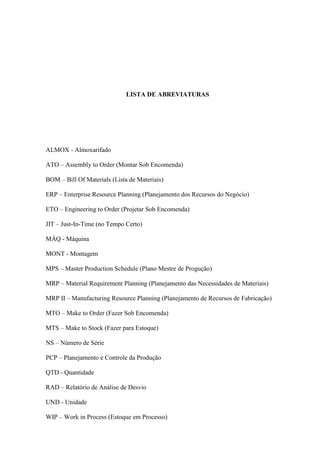 LISTA DE ABREVIATURAS
ALMOX - Almoxarifado
ATO – Assembly to Order (Montar Sob Encomenda)
BOM – Bill Of Materials (Lista de Materiais)
ERP – Enterprise Resource Planning (Planejamento dos Recursos do Negócio)
ETO – Engineering to Order (Projetar Sob Encomenda)
JIT – Just-In-Time (no Tempo Certo)
MÁQ - Máquina
MONT - Montagem
MPS – Master Production Schedule (Plano Mestre de Progução)
MRP – Material Requirement Planning (Planejamento das Necessidades de Materiais)
MRP II – Manufacturing Resource Planning (Planejamento de Recursos de Fabricação)
MTO – Make to Order (Fazer Sob Encomenda)
MTS – Make to Stock (Fazer para Estoque)
NS – Número de Série
PCP – Planejamento e Controle da Produção
QTD - Quantidade
RAD – Relatório de Análise de Desvio
UND - Unidade
WIP – Work in Process (Estoque em Processo)
 