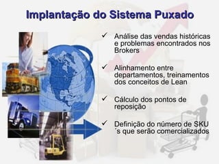 Análise das vendas históricas e problemas encontrados nos Brokers Alinhamento entre departamentos, treinamentos dos conceitos de Lean Cálculo dos pontos de reposição Definição do número de SKU´s que serão comercializados Implantação do Sistema Puxado 