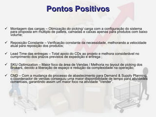 Montagem das cargas – Otimização do picking/ carga com a configuração do sistema para proposta em múltiplo de pallets, camadas e caixas apenas para produtos com baixo volume; Reposição Constante – Verificação constante da necessidade, melhorando a velocidade atual para reposição dos produtos; Lead Time das entregas – Total apoio do CDs ao projeto e melhora considerável no cumprimento dos prazos previstos de expedição e entrega ; SKU Optimization – Maior foco da área de Vendas / Melhoria no layout de picking dos Brokers, devido a liberação de espaço e redução da complexidade na operação; CND – Com a mudança do processo de abastecimento para Demand & Supply Planning, o coordenador de vendas conseguiu uma maior disponibilidade de tempo para atividades comerciais, garantindo assim um maior foco na atividade “Vender”. Pontos Positivos 