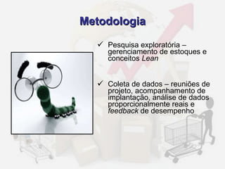 Metodologia Pesquisa exploratória – gerenciamento de estoques e conceitos  Lean Coleta de dados – reuniões de projeto, acompanhamento de implantação, análise de dados proporcionalmente reais e  feedback  de desempenho 