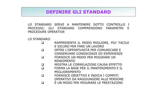 DEFINIRE GLI STANDARD
LO STANDARD SERVE A MANTENERE SOTTO CONTROLLO I
PROCESSI; GLI STANDARD COMPRENDONO PARAMETRI E
PROCEDURE OPERATIVE
LO STANDARD:








RAPPRESENTA IL MODO MIGLIORE, PIU’ FACILE
E SICURO PER FARE UN LAVORO
OFFRE L’OPPORTUNITÀ PER COMUNICARE E
CONSERVARE CONOSCENZE ED ESPERIENZE
FORNISCE UN MODO PER MISURARE UN
RENDIMENTO
MOSTRA LE CORRELAZIONI CAUSA EFFETTO
FORMA LA BASE PER IL MANTENIMENTO E IL
MIGLIORAMENTO
FORNISCE OBIETTIVI E INDICA I COMPITI
OPERATIVI DA RAGGIUNGERE ALLE PERSONE
È UN MODO PER MISURARE LE PRESTAZIONI

 