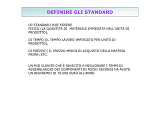 DEFINIRE GLI STANDARD
LO STANDARD PUO’ ESSERE
FISICO (LA QUANTITÀ DI MATERIALE IMPIEGATA NELL’UNITÀ DI
PRODOTTO),
DI TEMPO (IL TEMPO LAVORO IMPIEGATO PER UNITÀ DI
PRODOTTO),
DI PREZZO ( IL PREZZO MEDIO DI ACQUISTO DELLA MATERIA
PRIMA) ETC.
UN MIO CLIENTE CHE È RIUSCITO A MIGLIORARE I TEMPI DI
ASSEMBLAGGIO DEI COMPONENTI DI POCHI SECONDI HA AVUTO
UN RISPARMIO DI 70.000 EURO ALL’ANNO

 