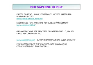 PER SAPERNE DI PIU’
KAIZEN COSTING, COME UTILIZZARE I METODI KAIZEN PER
DIMINUIRE I COSTI
www.impresafficace.it/kaizen
ENCOB BLOG UNA PASSIONE PER IL LEAN MANAGEMENT
www.encob.net/blog/
ORGANIZZAZIONE PER PROCESSI E PENSIERO SNELLO, UN BEL
LIBRO PER CAPIRNE DI PIU’
www.qualitiamo.com

IL TOP DI INFORMAZIONI SULLA QUALITA’

E SE QUESTO VIDEO TI E’ PIACIUTO, NON MANCARE DI
CONDIVIDERLO NEI TUOI SOCIAL….

 