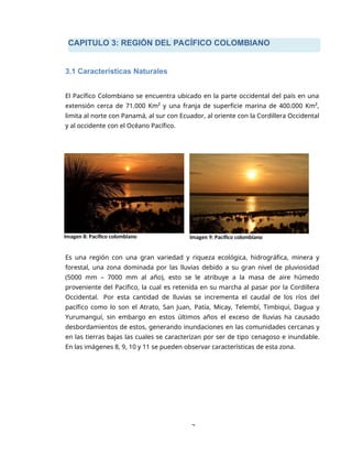 CAPITULO 3: REGIÓN DEL PACÍFICO COLOMBIANO
2
3.1 Características Naturales
El Pacífico Colombiano se encuentra ubicado en la parte occidental del país en una
extensión cerca de 71.000 Km² y una franja de superficie marina de 400.000 Km²,
limita al norte con Panamá, al sur con Ecuador, al oriente con la Cordillera Occidental
y al occidente con el Océano Pacífico.
Imagen 8: Pacífico colombiano Imagen 9: Pacífico colombiano
Es una región con una gran variedad y riqueza ecológica, hidrográfica, minera y
forestal, una zona dominada por las lluvias debido a su gran nivel de pluviosidad
(5000 mm – 7000 mm al año), esto se le atribuye a la masa de aire húmedo
proveniente del Pacifico, la cual es retenida en su marcha al pasar por la Cordillera
Occidental. Por esta cantidad de lluvias se incrementa el caudal de los ríos del
pacífico como lo son el Atrato, San Juan, Patía, Micay, Telembí, Timbiquí, Dagua y
Yurumanguí, sin embargo en estos últimos años el exceso de lluvias ha causado
desbordamientos de estos, generando inundaciones en las comunidades cercanas y
en las tierras bajas las cuales se caracterizan por ser de tipo cenagoso e inundable.
En las imágenes 8, 9, 10 y 11 se pueden observar características de esta zona.
 