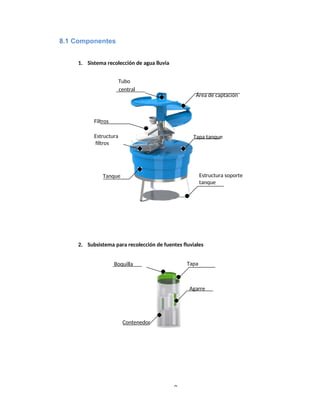 9
Filtros
Estructura
filtros
Tapa tanque
Tanque Estructura soporte
tanque
Agarre
Contenedor
8.1 Componentes
1. Sistema recolección de agua lluvia
Tubo
central
Área de captación
2. Subsistema para recolección de fuentes fluviales
Boquilla Tapa
 