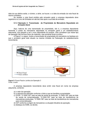 Revista de Logística da Fatec Carapicuíba Ano 2 Número 2                                 83



data da sua efetiva saída, o número, a série, se houver, e a data da emissão da nota fiscal de
retorno simbólico.
        Ao receber a nota fiscal emitida pelo armazém geral, a empresa depositante deve
registrá-la no Livro de Entradas em até dez dias após a sua data de emissão.

       5.1.3 Operação 3: Transmissão                   de Propriedade de Mercadoria Depositada em
             Armazém Geral

       Aqui, trata-se de uma transmissão de propriedade, isto é, a empresa depositante
transmite a posse da mercadoria depositada no armazém geral a um estabelecimento
adquirente, que passará a ser o novo depositante do produto. Vale considerar que nesse tipo
de operação não há fluxo físico de materiais, mas somente fiscal e jurídico.
       A Figura 3, a seguir, ilustra a transmissão de propriedade de mercadoria na hipótese em
que o armazém geral está situado na mesma Unidade da Federação do estabelecimento
transmitente.




Figura 3: Fluxos Fiscal e Jurídico da Operação 3
Fonte: o autor

       A empresa depositante transmitente deve emitir nota fiscal em nome da empresa
adquirente, contendo:

        a) o valor da operação;
        b) a natureza da operação conforme o título a que se transfere a propriedade;
        c) CFOP: “5.105/6.105” caso se trate de venda de produção; “5.106/6.106” caso se trate
           de venda da comercialização; “5.155/6.155” caso se trate de transferência de
           mercadorias produzidas; “5.156/6.156” caso se trate de transferência de mercadorias
           para comercialização;
        d) CST conforme a origem da mercadoria e a situação tributária da operação;
        e) destaque do ICMS, se devido;
 