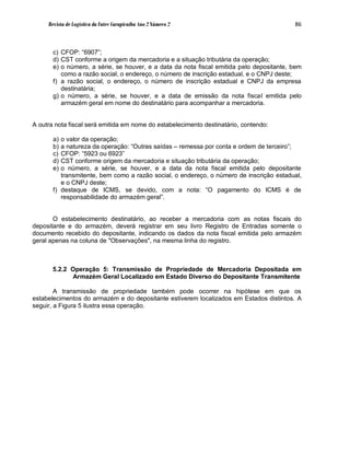 Revista de Logística da Fatec Carapicuíba Ano 2 Número 2                             86



       c) CFOP: “6907”;
       d) CST conforme a origem da mercadoria e a situação tributária da operação;
       e) o número, a série, se houver, e a data da nota fiscal emitida pelo depositante, bem
          como a razão social, o endereço, o número de inscrição estadual, e o CNPJ deste;
       f) a razão social, o endereço, o número de inscrição estadual e CNPJ da empresa
          destinatária;
       g) o número, a série, se houver, e a data de emissão da nota fiscal emitida pelo
          armazém geral em nome do destinatário para acompanhar a mercadoria.


A outra nota fiscal será emitida em nome do estabelecimento destinatário, contendo:

       a) o valor da operação;
       b) a natureza da operação: “Outras saídas – remessa por conta e ordem de terceiro”;
       c) CFOP: “5923 ou 6923”
       d) CST conforme origem da mercadoria e situação tributária da operação;
       e) o número, a série, se houver, e a data da nota fiscal emitida pelo depositante
          transmitente, bem como a razão social, o endereço, o número de inscrição estadual,
          e o CNPJ deste;
       f) destaque de ICMS, se devido, com a nota: “O pagamento do ICMS é de
          responsabilidade do armazém geral”.


       O estabelecimento destinatário, ao receber a mercadoria com as notas fiscais do
depositante e do armazém, deverá registrar em seu livro Registro de Entradas somente o
documento recebido do depositante, indicando os dados da nota fiscal emitida pelo armazém
geral apenas na coluna de "Observações", na mesma linha do registro.



       5.2.2 Operação 5: Transmissão de Propriedade de Mercadoria Depositada em
             Armazém Geral Localizado em Estado Diverso do Depositante Transmitente

        A transmissão de propriedade também pode ocorrer na hipótese em que os
estabelecimentos do armazém e do depositante estiverem localizados em Estados distintos. A
seguir, a Figura 5 ilustra essa operação.
 