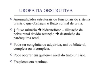 UROPATIA OBSTRUTIVA
 Anormalidades estruturais ou funcionais do sistema
urinário que obstruem o fluxo normal de urina.
 ↓ fluxo urinário  hidronefrose – dilatação da
pelve renal devido retenção  destruição do
parênquima renal.
 Pode ser congênita ou adquirida, uni ou bilateral,
completa ou incompleta.
 Pode ocorrer em qualquer nível do trato urinário.
 Freqüente em meninos.
 