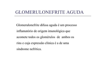 Glomerulonefrite difusa aguda é um processo
inflamatório de origem imunológica que
acomete todos os glomérulos de ambos os
rins e cuja expressão clínica é a de uma
síndrome nefrítica.
GLOMERULONEFRITE AGUDA
 