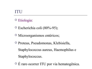 ITU
 Etiologia:
 Escherichia coli (80%-95);
 Microorganismos entéricos;
 Proteus, Pseudomonas, Klebisiella,
Staphylococcus aureus, Haemophilus e
Staphylococcus.
 É raro ocorrer ITU por via hematogênica.
 