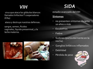 VIH                                 SIDA
 virus que ataca los glóbulos blancos   estadio avanzado del VIH
llamados linfocitos T cooperadores
                                        Síntomas
(CD4)
ataca y destruye nuestras defensas.     • no presenten síntomas durante
                                          10 años o más
sangre, semen, fluidos
vaginales, líquido preseminal, y la     • Escalofríos
leche materna.
                                        • Fiebre
                                        • Sudores (particularmente en la
                                          noche)
                                        • Ganglios linfáticos inflamados
                                        • Debilidad
                                        • Pérdida de peso
 