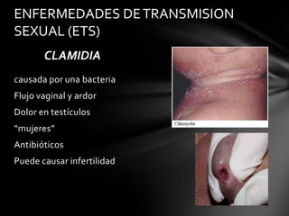 ENFERMEDADES DE TRANSMISION
SEXUAL (ETS)
       CLAMIDIA
causada por una bacteria
Flujo vaginal y ardor
Dolor en testículos
“mujeres”
Antibióticos
Puede causar infertilidad
 