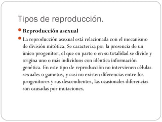 Tipos de reproducción.
Reproducción asexual
La reproducción asexual está relacionada con el mecanismo
de división mitótica. Se caracteriza por la presencia de un
único progenitor, el que en parte o en su totalidad se divide y
origina uno o más individuos con idéntica información
genética. En este tipo de reproducción no intervienen células
sexuales o gametos, y casi no existen diferencias entre los
progenitores y sus descendientes, las ocasionales diferencias
son causadas por mutaciones.
 