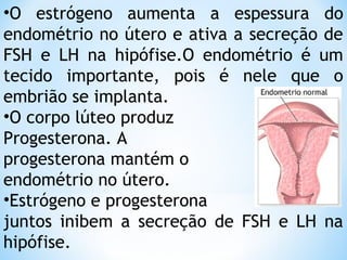 •O estrógeno aumenta a espessura do
endométrio no útero e ativa a secreção de
FSH e LH na hipófise.O endométrio é um
tecido importante, pois é nele que o
embrião se implanta.
•O corpo lúteo produz
Progesterona. A
progesterona mantém o
endométrio no útero.
•Estrógeno e progesterona
juntos inibem a secreção de FSH e LH na
hipófise.
 