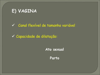 E) VAGINA


 Canal flexível de tamanho variável


 Capacidade de dilatação:


                   Ato sexual

                     Parto
 