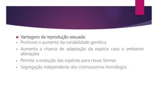  Vantagens da reprodução sexuada:
• Promove o aumento da variabilidade genética
• Aumenta a chance de adaptação da espécie caso o ambiente
alterações
• Permite a evolução das espécies para novas formas
• Segregação independente dos cromossomos homólogos
 