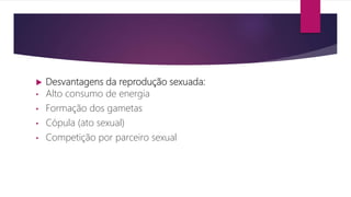  Desvantagens da reprodução sexuada:
• Alto consumo de energia
• Formação dos gametas
• Cópula (ato sexual)
• Competição por parceiro sexual
 