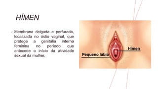HÍMEN
• Membrana delgada e perfurada,
localizada no óstio vaginal, que
protege a genitália interna
feminina no período que
antecede o início da atividade
sexual da mulher.
 