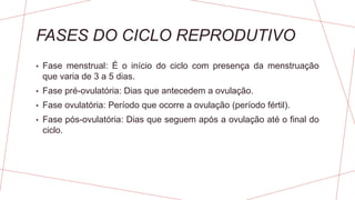 FASES DO CICLO REPRODUTIVO
• Fase menstrual: É o início do ciclo com presença da menstruação
que varia de 3 a 5 dias.
• Fase pré-ovulatória: Dias que antecedem a ovulação.
• Fase ovulatória: Período que ocorre a ovulação (período fértil).
• Fase pós-ovulatória: Dias que seguem após a ovulação até o final do
ciclo.
 