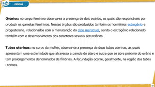 Ovários: no corpo feminino observa-se a presença de dois ovários, os quais são responsáveis por
produzir os gametas femininos. Nesses órgãos são produzidos também os hormônios estrogênio e
progesterona, relacionados com a manutenção do ciclo menstrual, sendo o estrogênio relacionado
também com o desenvolvimento dos caracteres sexuais secundários.
Tubas uterinas: no corpo da mulher, observa-se a presença de duas tubas uterinas, as quais
apresentam uma extremidade que atravessa a parede do útero e outra que se abre próximo do ovário e
tem prolongamentos denominados de fímbrias. A fecundação ocorre, geralmente, na região das tubas
uterinas.
10
 