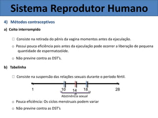 Sistema Reprodutor Humano
4) Métodos contraceptivos
a) Coito interrompido
Consiste na retirada do pênis da vagina momentos antes da ejaculação.
o Possui pouca eficiência pois antes da ejaculação pode ocorrer a liberação de pequena
quantidade de espermatozóide.
o Não previne contra as DST’s.
b) Tabelinha
Consiste na suspensão das relações sexuais durante o período fértil.
1 10 14 18 28
Abstinência sexual
o Pouca eficiência: Os ciclos menstruais podem variar
o Não previne contra as DST’s
 