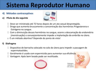 Sistema Reprodutor Humano
4) Métodos contraceptivos
e) Pílula do dia seguinte
Deve ser ministrada até 72 horas depois de um ato sexual desprotegido.
Droga que aumenta bruscamente a concentração dos hormônios Progesterona e
Estrógeno no sangue.
Com a diminuição desses hormônios no sangue, ocorre a descamação do endométrio
(menstruação) e conseqüentemente impede a implantação do embrião no útero.
o É um método abortivo? Depende do ponto de vista!
f) Diafragma
Dispositivo de borracha colocado no colo do útero para impedir a passagem de
espermatozóides.
Geralmente é usado com espermicida para aumentar sua eficiência.
Vantagem: Após bem lavado pode ser reutilizado.
 