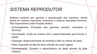 SISTEMA REPRODUTOR
Sistema corporal que garante a perpetuação das espécies, sendo
divido em sistema reprodutor masculino e sistema reprodutor feminino.
São responsáveis pelas funções abaixo:
• Gametogênese: Produção dos gametas sexuais, masculino e
feminino.
• Fecundação: União do ovócito com o espermatozoide para formar o
zigoto.
• Gestação: Desenvolvimento do embrião e feto no interior do útero.
• Parto: Expulsão do feto do útero através do canal vaginal.
• Amamentação: Garante a sobrevivência do bebê através do leite
materno.
 