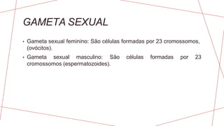 GAMETA SEXUAL
• Gameta sexual feminino: São células formadas por 23 cromossomos,
(ovócitos).
• Gameta sexual masculino: São células formadas por 23
cromossomos (espermatozoides).
 