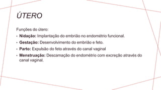 ÚTERO
Funções do útero:
• Nidação: Implantação do embrião no endométrio funcional.
• Gestação: Desenvolvimento do embrião e feto.
• Parto: Expulsão do feto através do canal vaginal
• Menstruação: Descamação do endométrio com excreção através do
canal vaginal.
 