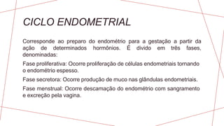 CICLO ENDOMETRIAL
Corresponde ao preparo do endométrio para a gestação a partir da
ação de determinados hormônios. É divido em três fases,
denominadas:
Fase proliferativa: Ocorre proliferação de células endometriais tornando
o endométrio espesso.
Fase secretora: Ocorre produção de muco nas glândulas endometriais.
Fase menstrual: Ocorre descamação do endométrio com sangramento
e excreção pela vagina.
 