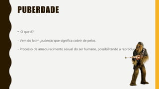 PUBERDADE
• O que é?
- Vem do latim pubertas que significa cobrir de pelos.
- Processo de amadurecimento sexual do ser humano, possibilitando a reprodução.
 