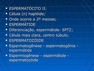  ESPERMATÓCITO II:ESPERMATÓCITO II:
 Célula (n) haplóide;Célula (n) haplóide;
 Onde ocorre a 2º meiose;Onde ocorre a 2º meiose;
 ESPERMÁTIDEESPERMÁTIDE
 Diferenciação, espermátide- SPTZ;Diferenciação, espermátide- SPTZ;
 Célula mais clara, centro túbulo;Célula mais clara, centro túbulo;
 ESPERMATOZÓIDEESPERMATOZÓIDE
 Espermatogênese - espermatogônia -Espermatogênese - espermatogônia -
espermátideespermátide
 Espermiogênese - espermátide -Espermiogênese - espermátide -
espermatozóideespermatozóide
 
