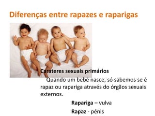 Diferenças entre rapazes e raparigas




        Carateres sexuais primários
          Quando um bebé nasce, só sabemos se é
        rapaz ou rapariga através do órgãos sexuais
        externos.
                    Rapariga – vulva
                    Rapaz - pénis
 
