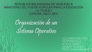 REPUBLICA BOLIVARIANA DE VENEZUELA
MINISTERIO DEL PODER POPULAR PARA LA EDUCACIÓN
I.U.T.E.M.B.I
CARORA- EDO LARA
ALEXANDER ROJAS
DOYMAR RAGA
ROSA CHIRINO
MARÍA F. PEREIRA
PROF.: MARÍA VIRGINIA PÉ
Organización de un
Sistema Operativo
 