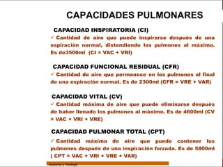 Sistema Respiratorio

                             CAPACIDADES PULMONARES
                    CAPACIDAD INSPIRATORIA (CI)
                   Cantidad de aire que puede inspirarse después de una
     Sistema
                  espiración normal, distendiendo los pulmones al máximo.
                  Es de3500ml (CI = VAC + VRI)
Fosas Nasales


     Faringe       CAPACIDAD FUNCIONAL RESIDUAL (CFR)
                   Cantidad de aire que permanece en los pulmones al final
     Laringe
                  de una espiración normal. Es de 2300ml (CFR = VRE + VAR)
     Tráquea

                   CAPACIDAD VITAL (CV)
   Bronquios
                   Cantidad máxima de aire que puede eliminarse después
 Bronquiolos      de haber llenado los pulmones al máximo. Es de 4600ml (CV
                  = VAC + VRI + VRE)
   Pulmones


    Fisiología
                  CAPACIDAD PULMONAR TOTAL (CPT)
                   Cantidad             máxima   de   aire   que   puede   contener    los
                  pulmones después de una inspiración forzada. Es de 5800ml
                  ( CPT = VAC + VRI + VRE + VAR)
                 Anatomía y Fisiología                                                        62
 