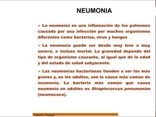 Sistema Respiratorio

                                         NEUMONIA

                     La neumonía es una inflamación de los pulmones
     Sistema        causada por una infección por muchos organismos
Fosas Nasales
                    diferentes como bacterias, virus y hongos

     Faringe         La neumonía puede ser desde muy leve a muy
                    severa, e incluso mortal. La gravedad depende del
     Laringe
                    tipo de organismo causante, al igual que de la edad
     Tráquea        y del estado de salud subyacente.
   Bronquios         Las neumonías bacterianas tienden a ser las más
 Bronquiolos        graves y, en los adultos, son la causa más común de
                    neumonía. La bacteria más común que causa
   Pulmones
                    neumonía en adultos es Streptococcus pneumoniae
    Fisiología      (neumococo).




                 Anatomía y Fisiología                                     65
 