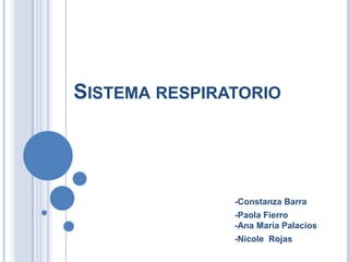 SISTEMA RESPIRATORIO




               -Constanza Barra
               -Paola Fierro
               -Ana María Palacios
               -Nicole Rojas
 