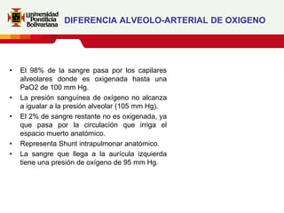 DIFERENCIA ALVEOLO-ARTERIAL DE OXIGENO




•   El 98% de la sangre pasa por los capilares
    alveolares donde es oxigenada hasta una
    PaO2 de 100 mm Hg.
•   La presión sanguínea de oxígeno no alcanza
    a igualar a la presión alveolar (105 mm Hg).
•   El 2% de sangre restante no es oxigenada, ya
    que pasa por la circulación que irriga el
    espacio muerto anatómico.
•   Representa Shunt intrapulmonar anatómico.
•   La sangre que llega a la aurícula izquierda
    tiene una presión de oxígeno de 95 mm Hg.
 