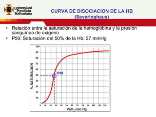 CURVA DE DISOCIACION DE LA HB
                            (Severinghaus)

• Relación entre la saturación de la hemoglobina y la presión
  sanguínea de oxígeno
• P50: Saturación del 50% de la Hb: 27 mmHg
 