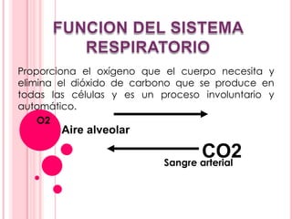 Proporciona el oxígeno que el cuerpo necesita y
elimina el dióxido de carbono que se produce en
todas las células y es un proceso involuntario y
automático.
    O2
        Aire alveolar

                                  CO2
                           Sangre arterial
 