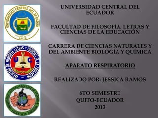 UNIVERSIDAD CENTRAL DEL
ECUADOR
FACULTAD DE FILOSOFÍA, LETRAS Y
CIENCIAS DE LA EDUCACIÓN
CARRERA DE CIENCIAS NATURALES Y
DEL AMBIENTE BIOLOGÍA Y QUÍMICA
APARATO RESPIRATORIO
REALIZADO POR: JESSICA RAMOS
6TO SEMESTRE
QUITO-ECUADOR
2013
 