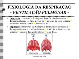 Professor: João Paulo
FISIOLOGIA DA RESPIRAÇÃO
- VENTILAÇÃO PULMONAR -
 Inspiração: contração do diafragma e dos músculos intercostais 
diafragma abaixa e costelas elevam-se  aumento da caixa torácica 
redução da pressão interna  entrada do ar.
 Expiração: relaxamento do diafragma e dos músculos intercostais 
diafragma eleva-se e costelas abaixam  diminui o volume da caixa
torácica  aumento da pressão interna  saída do ar.
 