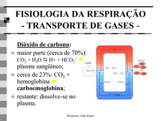Professor: João Paulo
FISIOLOGIA DA RESPIRAÇÃO
- TRANSPORTE DE GASES -
Dióxido de carbono:
 maior parte (cerca de 70%):
CO2 + H2O  H+ + HCO3
 
plasma sangüíneo;
 cerca de 23%: CO2 +
hemoglobina 
carboemoglobina;
 restante: dissolve-se no
plasma.
 