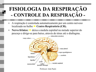 Professor: João Paulo
FISIOLOGIA DA RESPIRAÇÃO
- CONTROLE DA RESPIRAÇÃO -
 A respiração é controlada automaticamente por um centro nervoso
localizado no bulbo  Centro Respiratório (CR).
 Nervo frênico:  deixa a medula espinhal na metade superior do
pescoço e dirige-se para baixo, através do tórax até o diafragma.
 