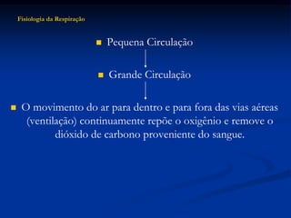  Pequena Circulação
 Grande Circulação
 O movimento do ar para dentro e para fora das vias aéreas
(ventilação) continuamente repõe o oxigênio e remove o
dióxido de carbono proveniente do sangue.
Fisiologia da Respiração
 