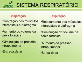 inspiração expiração
•Contração dos músculos
intercostais e diafragma
•Aumento do volume da
caixa torácica
•Diminuição da pressão
intrapulmonar
•Entrada de ar
•Relaxamento dos músculos
intercostais e diafragma
•Diminuição do volume da
caixa torácica
•Aumento da pressão
intrapulmonar
•Saída de ar
SISTEMA RESPIRATÓRIO
 