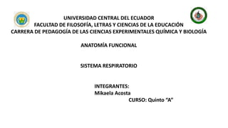 UNIVERSIDAD CENTRAL DEL ECUADOR
FACULTAD DE FILOSOFÍA, LETRAS Y CIENCIAS DE LA EDUCACIÓN
CARRERA DE PEDAGOGÍA DE LAS CIENCIAS EXPERIMENTALES QUÍMICA Y BIOLOGÍA
ANATOMÍA FUNCIONAL
SISTEMA RESPIRATORIO
INTEGRANTES:
Mikaela Acosta
CURSO: Quinto “A”
 