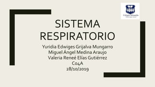 SISTEMA
RESPIRATORIO
Yuridia Edwiges Grijalva Mungarro
Miguel Ángel Medina Araujo
Valeria Reneé Elías Gutiérrez
C04A
28/10/2019
 